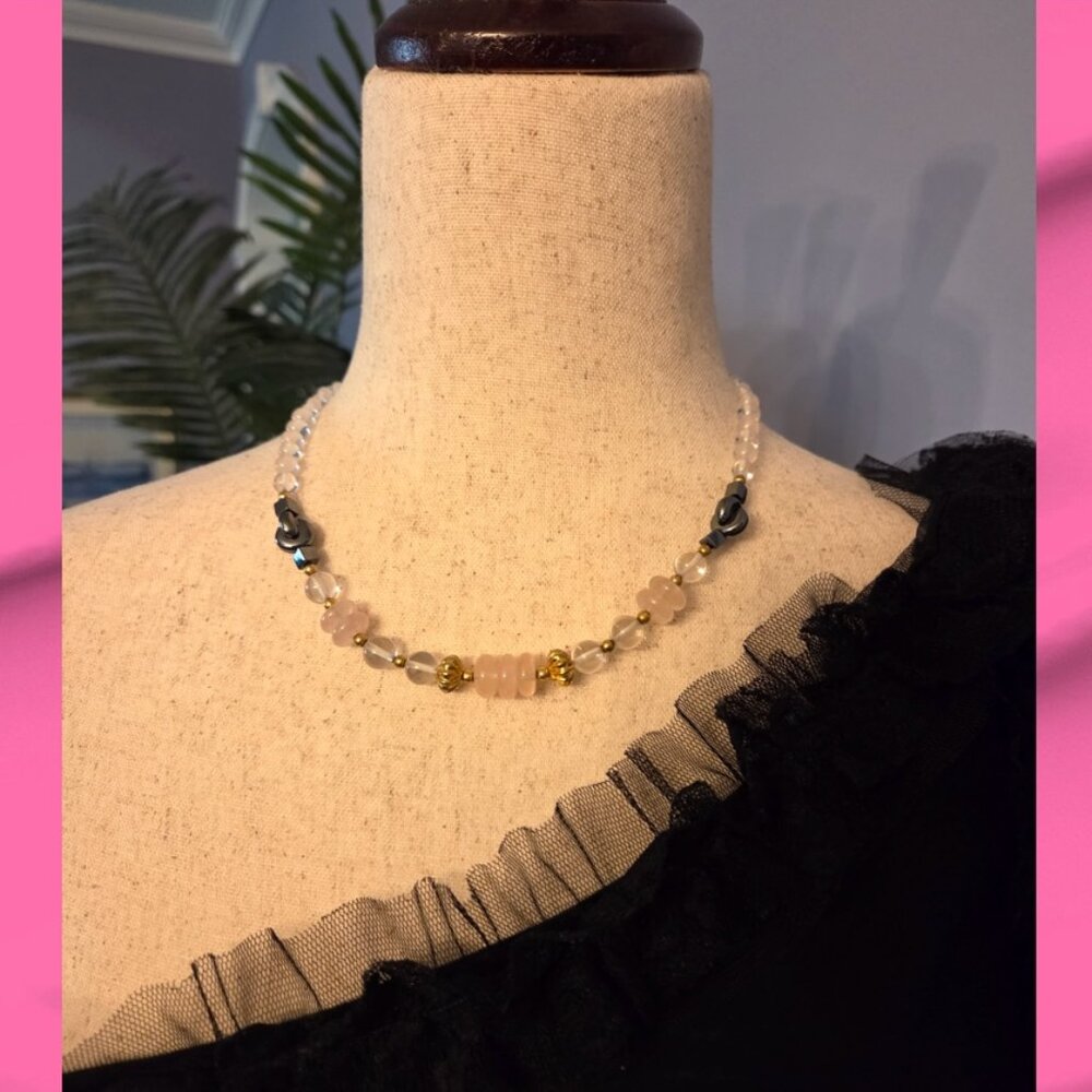 Necklace W/Rose Quartz Stone Beads, Hematite Beads & Another type